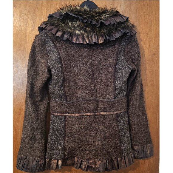 Boston Proper XS Brown Tweed Boucle Knit Faux Fur Ruffle Trimmed Sweater Jacket - Picture 2 of 5